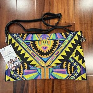 New NWT Lumily Clutch Bag Purse Embroidered Geo Abstract Print Strap Button Flap